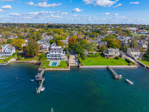 Historic waterfront mansion aerial view on Washington Street in Newport Harbor in Narragansett Bay, city of Newport, Rhode Island RI, USA. 