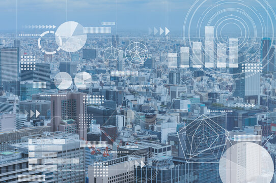 都市と世論のビッグデータ分析イメージ　世論調査　データサイエンス　社会インフラ　DX