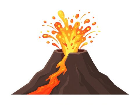 Illustration of a volcanic eruption with hot lava splashing and flowing down the mountain slope isolated on white background