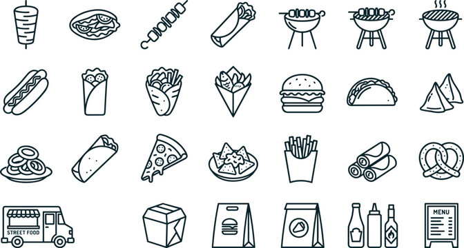 Comprehensive Street Food and Fast Food Line Icon Set Featuring Kebab Shish Grill Burger Pizza Fries Taco Hot Dog and Food Truck Symbols