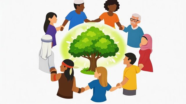 Diverse group of people holding hands in a circle around a healthy green tree, symbolizing community unity, environmental conservation and multicultural cooperation for sustainability