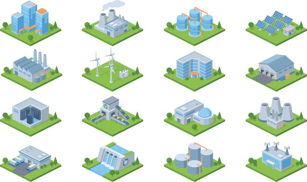 Isometric industrial building set, factory, solar panel, power plant, warehouse vector illustrations