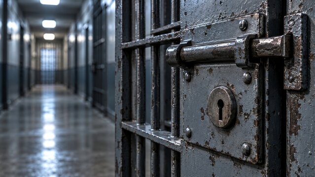 Locked prison cell door with heavy bolt and keyhole beside a jail corridor. Criminal justice, incarceration and imprisonment. Prison security, detention and corrections. Justice system.