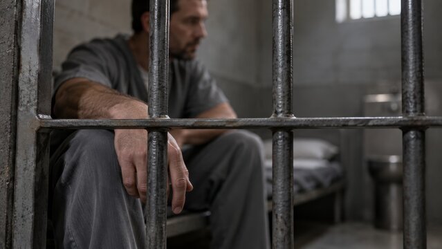 Man sitting behind prison bars in jail cell. Criminal justice and incarceration concept. Prison sentence, detention and legal punishment. Correctional facility, custody and human rights.