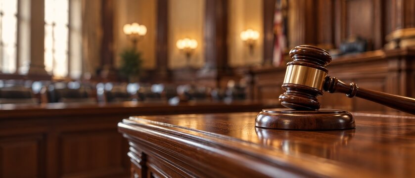 Judges gavel resting on a sounding block in a wood-paneled courtroom. Justice and judicial authority concept. Legal system, trial and court proceedings. Due process and rule of law.