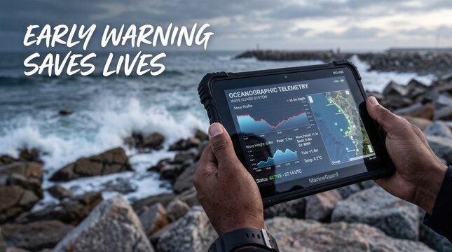 Hands holding a rugged tablet displaying oceanographic telemetry data with wave height charts and a coastal map against a backdrop of a rocky shoreline and crashing ocean waves