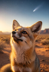 Obraz premium Wonder and discovery concept, curious fox looking at a comet in the night sky over a desert landscape, wildlife exploration and nature inspiration