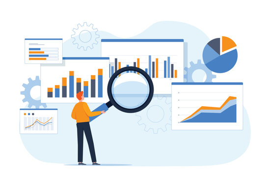 business data analytics and monitoring on web report dashboard monitor concept and flat vector illustration design data analytics research for business finance planning.