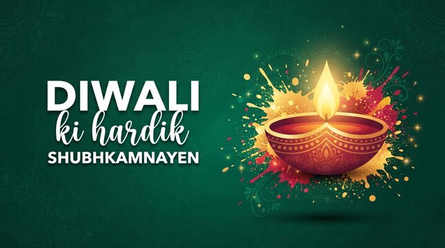 Diwali Ki Hardik Shubhkamnayen Hindi Banner with Watercolor Splatter Diya Art