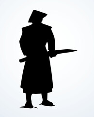 Obraz premium Vector drawing. The warrior is dressed in traditional Asian clothing