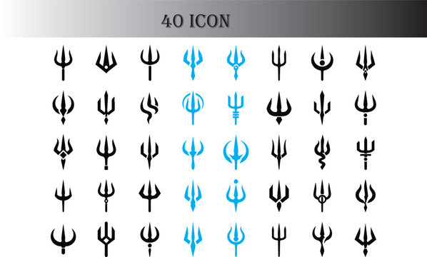 Set of 40 Minimalist Trident Icons Vector - Trishul, Neptune Spear, and Devil Fork Symbols
