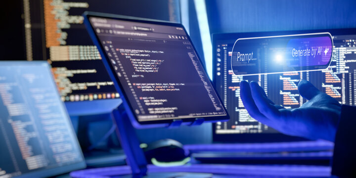 Software developer hand presenting virtual glowing interface with AI prompt generation hologram over background of programming code