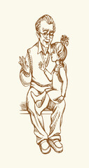 Obraz premium Vector drawing. Grandfather with his granddaughter