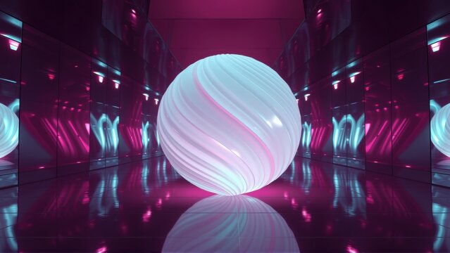 Striking sphere glows within mirrored room. Intense pink, blue hues create futuristic ambiance. Reflections amplify visual impact.
