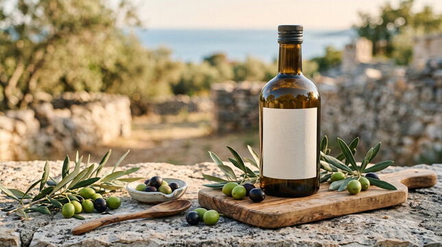 Bottle of extra virgin olive oil with fresh olives on wooden board