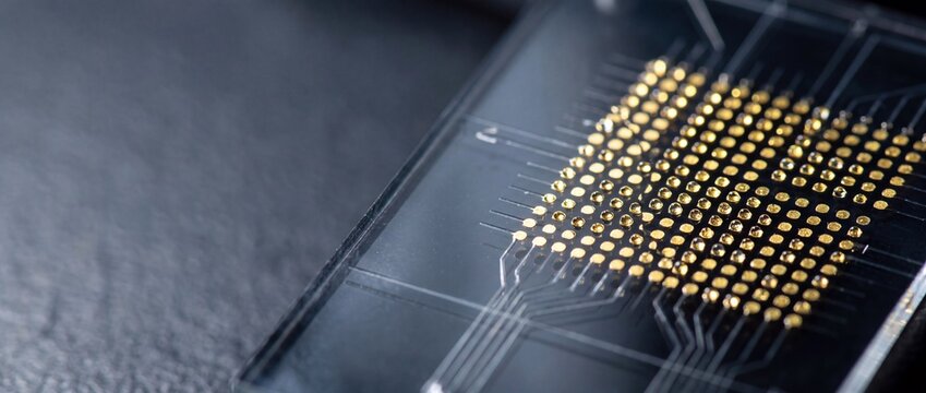 Gold electrode microchip array on a transparent glass substrate for scientific research.