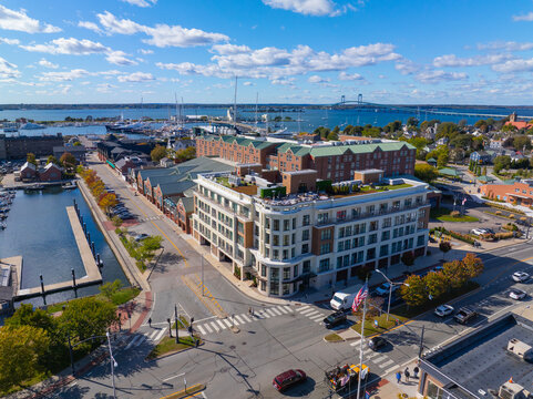 Historic commercial buildings aerial view on Washington Square in historic downtown Newport, Rhode Island RI, USA. 
