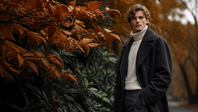 Portrait of a young man in a black coat and white turtleneck standing outdoors. Autumn fashion lifestyle with fall foliage background