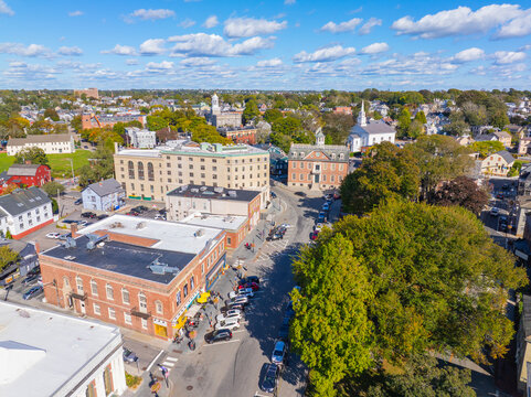 Historic commercial buildings aerial view on Washington Square in historic downtown Newport, Rhode Island RI, USA. 