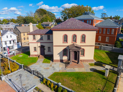 Newport Touro Synagogue National Historic Site aerial view. The Synagogue is the oldest surviving Jewish synagogue in North American which was built in 1763, Newport, Rhode Island RI, USA. 