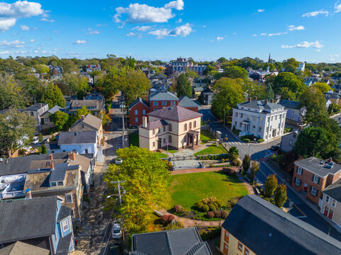 Newport Touro Synagogue National Historic Site aerial view. The Synagogue is the oldest surviving Jewish synagogue in North American which was built in 1763, Newport, Rhode Island RI, USA. 