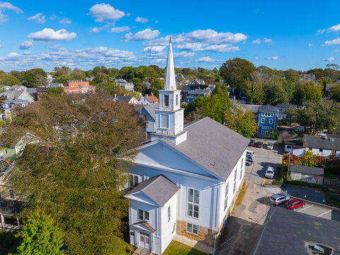United Baptist Church aerial view on 30 Spring Street in historic downtown Newport, Rhode Island RI, USA. 