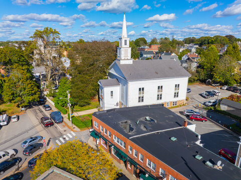 United Baptist Church aerial view on 30 Spring Street in historic downtown Newport, Rhode Island RI, USA. 