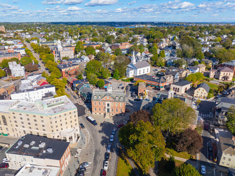 Old Colony House aerial view at Washington Square in downtown Newport, Rhode Island RI, USA. This building was served as meeting place for the colonial legislature. 