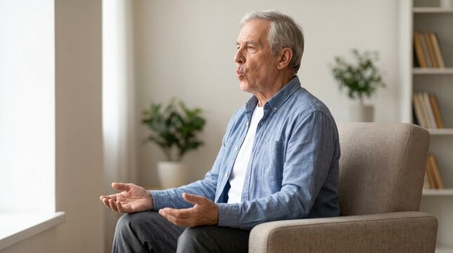 Senior man performing breathing exercises for COPD management. Elderly person practicing lung health techniques