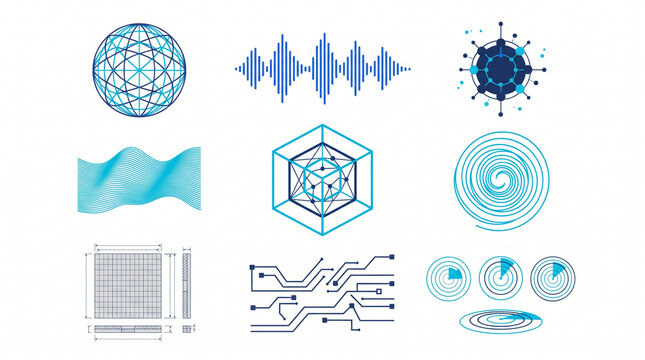 Abstract technology design elements set with blue geometric icons and circuit lines