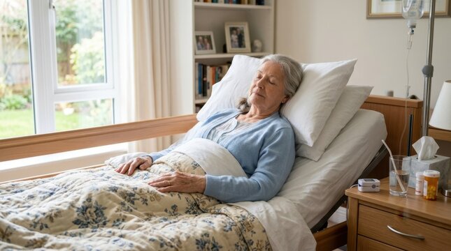 Elderly woman resting in a hospital bed at home. Palliative care and senior health concept