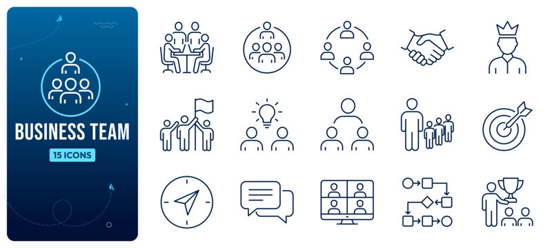 Set of business team outline vector icons illustrating management leadership and collaboration
