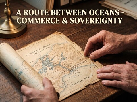 Hands unrolling an antique parchment map of the panama canal on a dark wooden desk with a brass lamp nearby and text overlay
