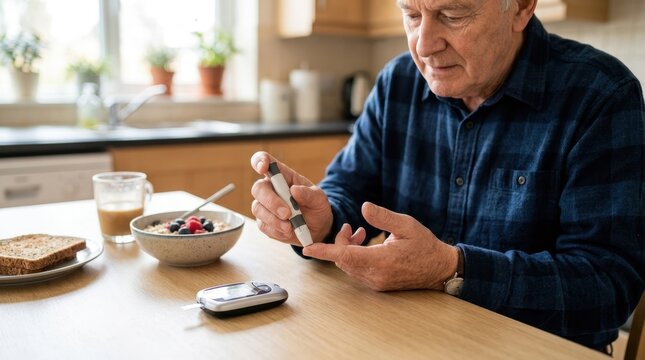 Senior man checking blood glucose levels at home. Diabetes management and health monitoring