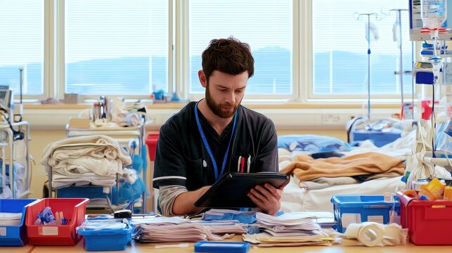 Male nurse reviewing medical records on a digital tablet in a hospital ward room
