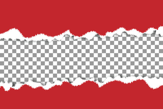 Red paper background with a horizontal torn strip revealing a transparent checkerboard pattern