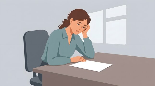 Disappointment in Solitude: A lone woman sits at a desk, head in hand, staring at a blank piece of paper, her expression a portrait of deep sadness and discouragement.