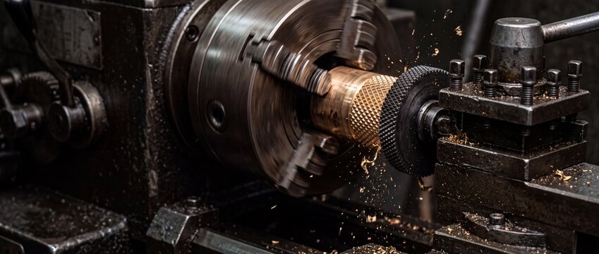 Industrial metal lathe machine shaping a brass workpiece with sparks flying in workshop.