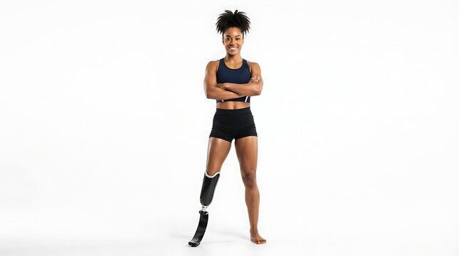Confident athlete with a prosthetic leg posing in sportswear against a clean white background