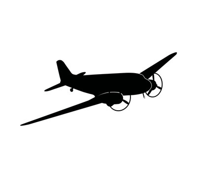 Black silhouette vintage airplane vector graphic isolated on transparent background for aviation.