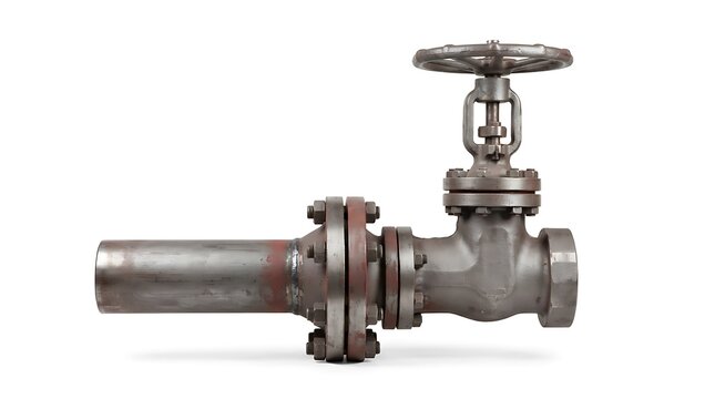 Industrial steel gate valve with flanged pipe connection isolated on a white background