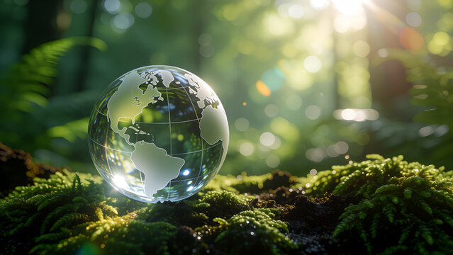 Glass Globe Reflecting a Vibrant Green Forest, Symbolizing Environmental Protection and Sustainability.