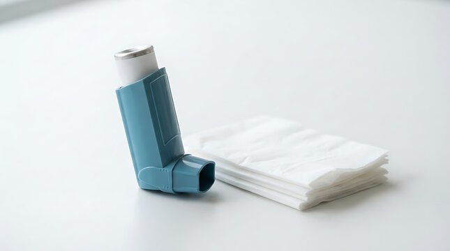 Blue asthma inhaler placed next to a stack of white tissues on a clean bright surface area
