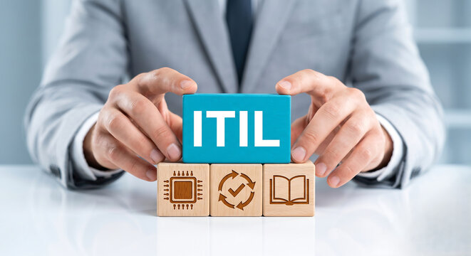 IT service management itil framework concept with professional presenting block. Concept of ITIL with AI, reduse and book icons.
