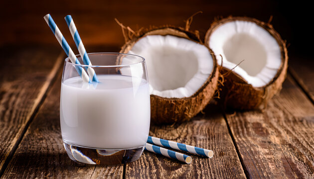 Refreshing Coconut Milk Drink with Fresh Coconuts on a Rustic Wooden Table.