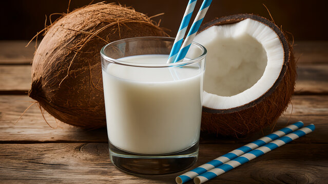Fresh coconut milk in a glass with striped straws and whole coconuts on wood.
