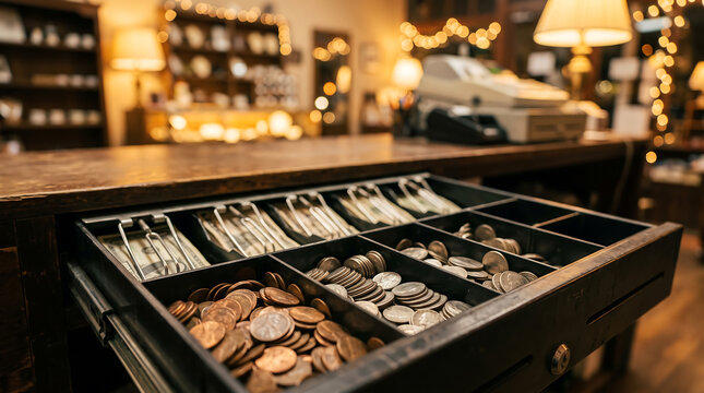 Close-up of an open black metal cash drawer filled with assorted us coins and paper currency, set on a wooden retail counter in a dimly lit shop