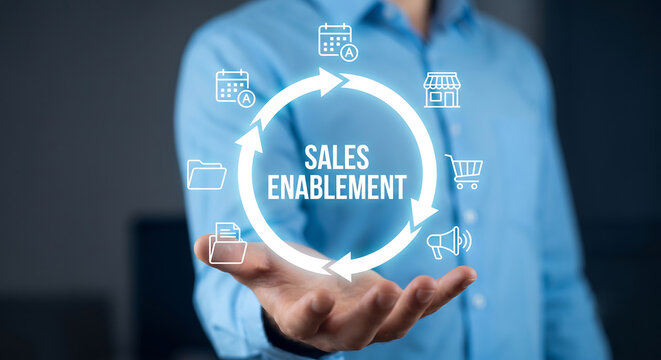 Business sales enablement concept with digital interface icons and professional presenting strategy. Concept sales enablement. 