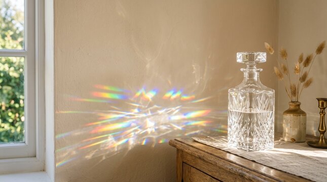 Crystal prism light refraction and caustic rainbow on warm ivory wall