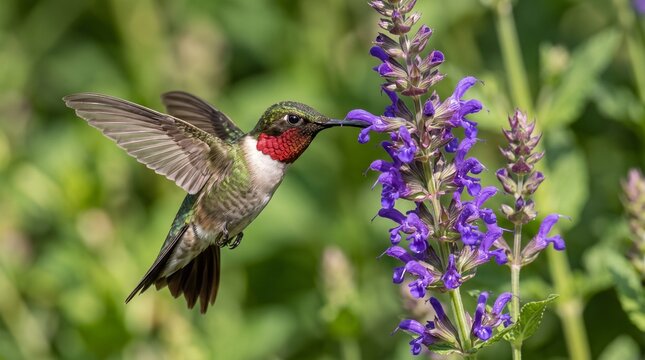 Ruby throated hummingbird hovering mid flight to sip nectar from a purple salvia flower with wings frozen in motion